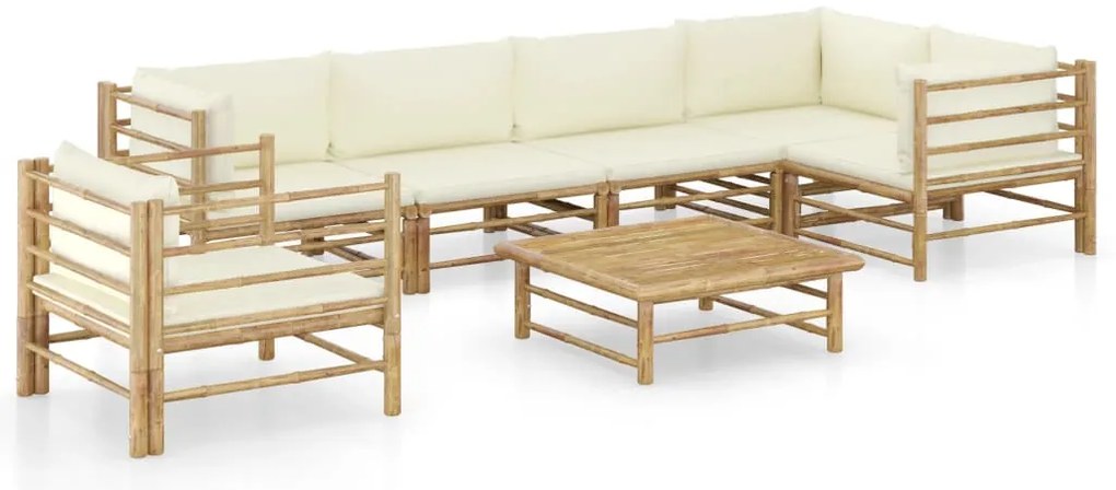 7 pcs conj. lounge p/ jardim em bambu c/ almofadões branco nata