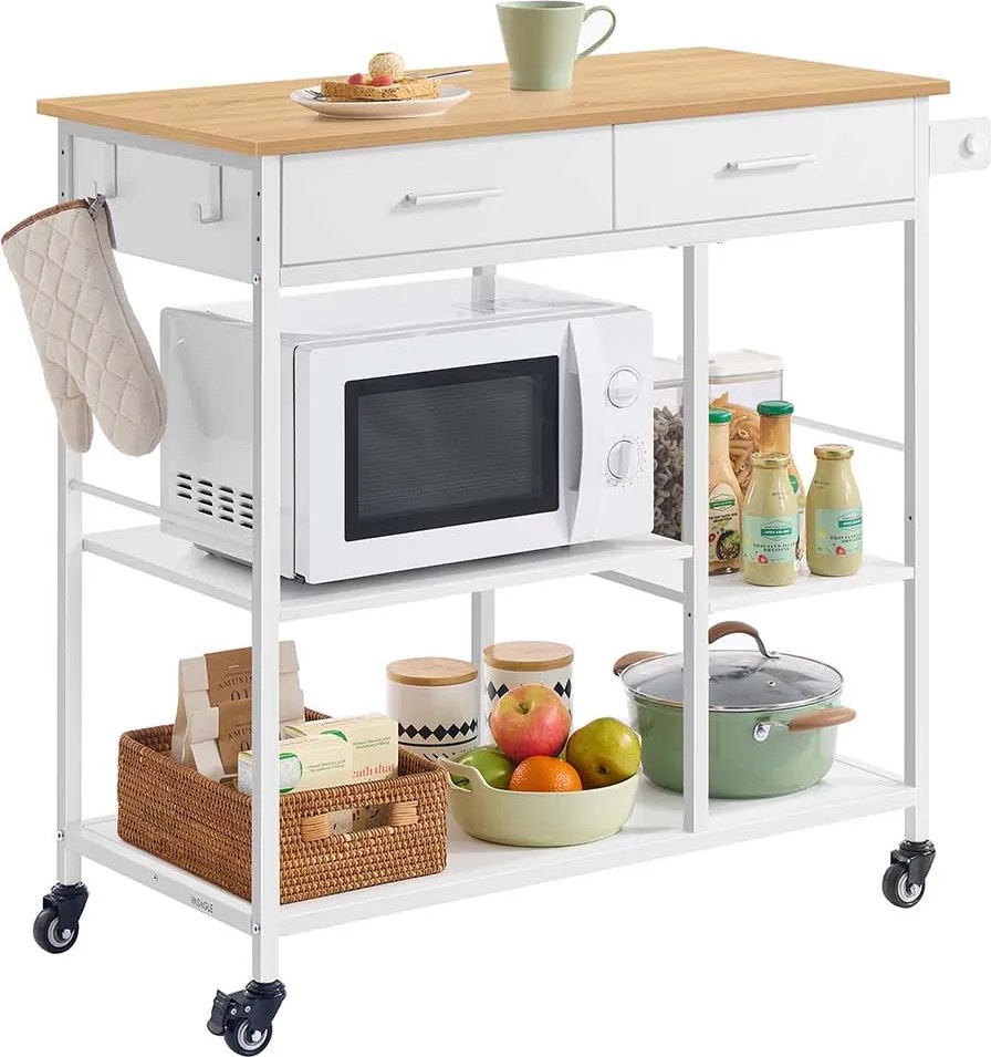 Carrinho de cozinha com rodas 45 x 98,7 x 90 cm, muito espaço de arrumação, gaveta, ganchos bege carvalho-branco mate