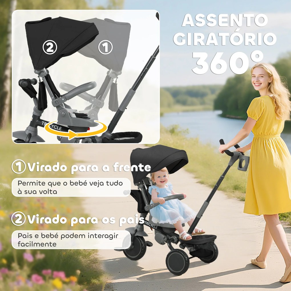 Triciclo Evolutivo 6 em 1 Dobrável com Assento Giratório de 360° Mango Parental Encosto Reclinável Toldo 111,5x52x98 cm Preto