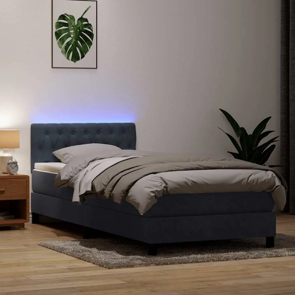 vidaXL Cama box spring c/ colchão e LED cinza-escuro 80x220 cm veludo