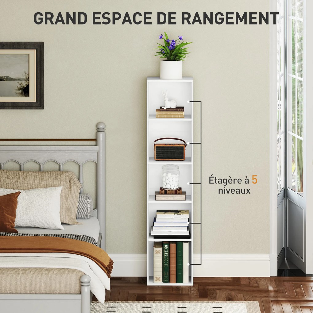 Estante de arrumação 30 x 24 x 133,5 cm com 5 níveis e prateleiras ajustáveis para sala de estar, quarto, escritório, branca