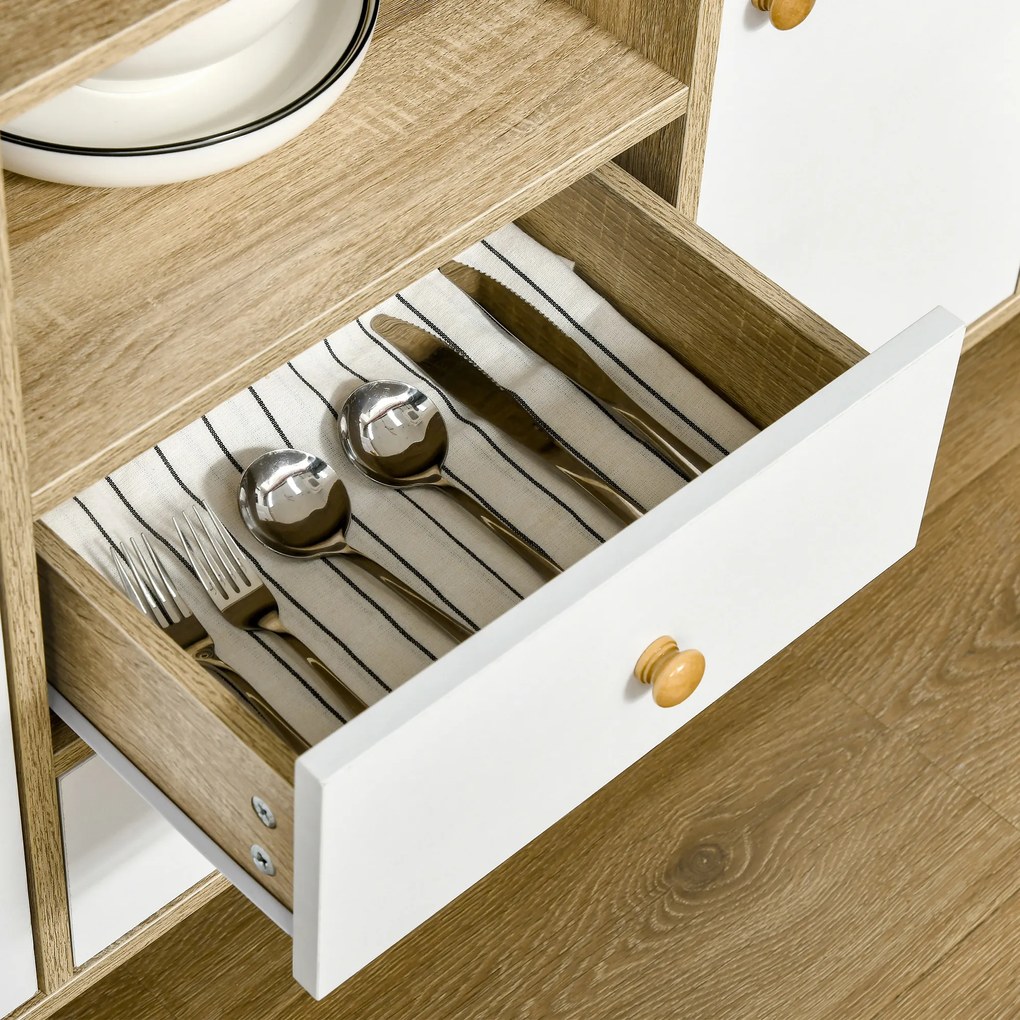 HOMCOM Aparador de Sala de Estar com 2 Portas 2 Gavetas e 2 Prateleiras Abertas Móvel Auxiliar de Armazenamento para Cozinha Entrada 100x30x85cm Branco e Natural