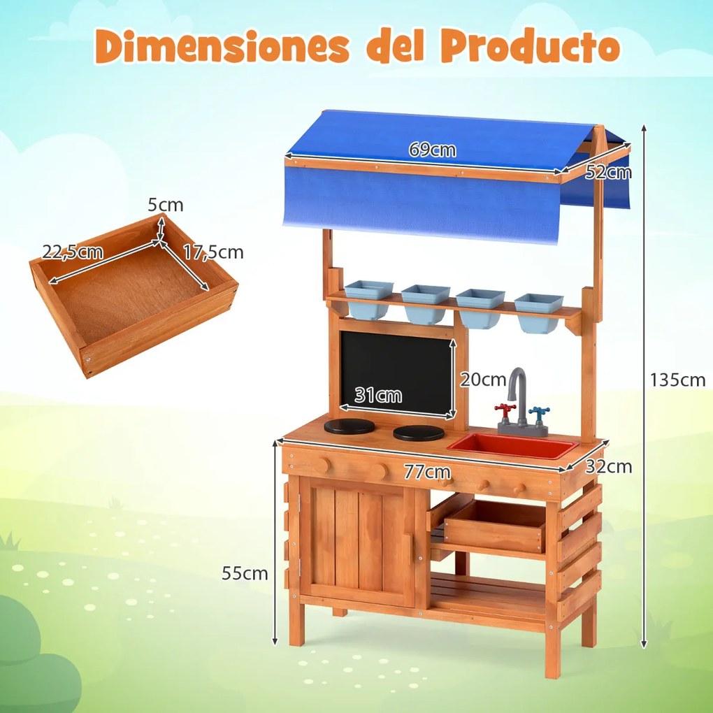 Cozinha de brincar em madeira com toldo ajustável Ardósia ajustável Copos de plantação Fogões Fogão Lava-loiça Forno e gaveta exterior