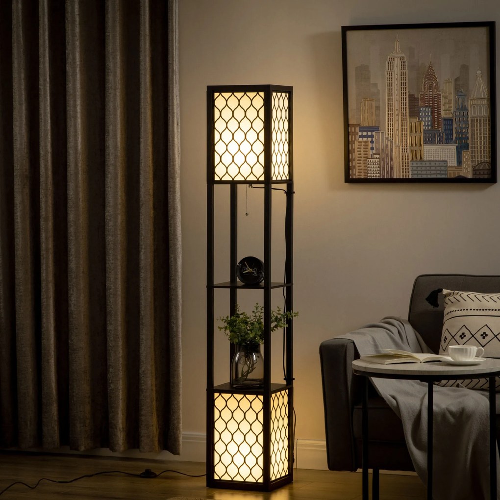 Candeeiro de Pé de Madeira com Estantes Lâmpada E27 Máx. 40W com Interruptor 26x26x156cm Preto e Branco