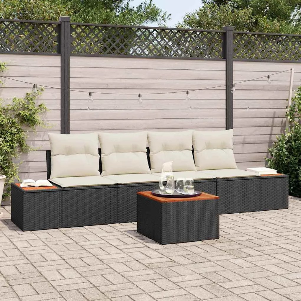 Conjunto de Sofá de Jardim com 5 Peças e Almofadas Pretas de Rattan e