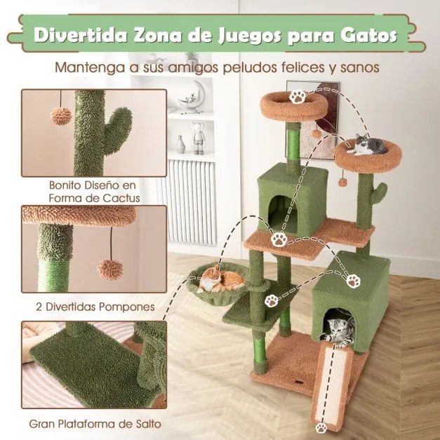 Arranhador para gatos desenho Cactos 160cm com tabuleiro multi-nível e postes para arranhar Condomínio Verde e Castanho