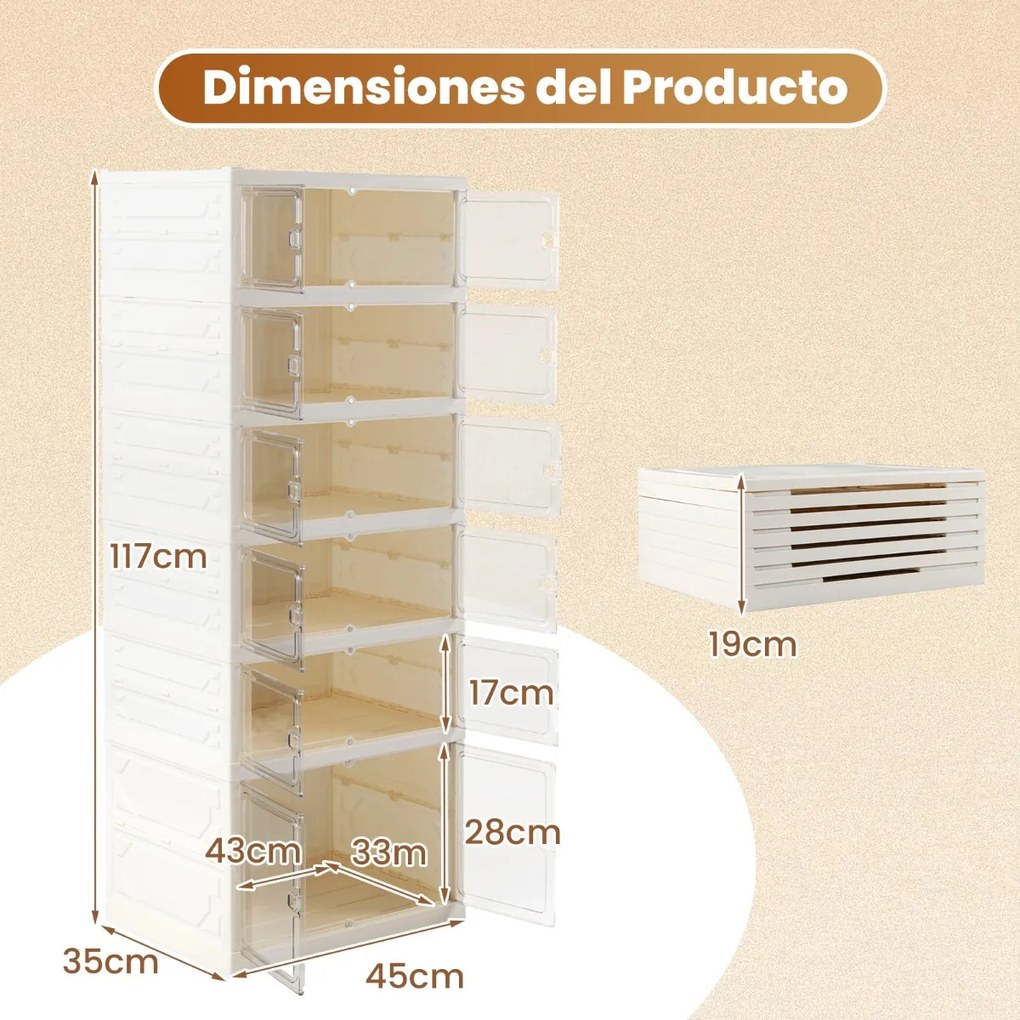 Caixas transparentes para sapatos com 12 compartimentos empilháveis com portas 45 x 35 x 117 cm, capacidade para sapatos até ao tamanho 46, em plástic
