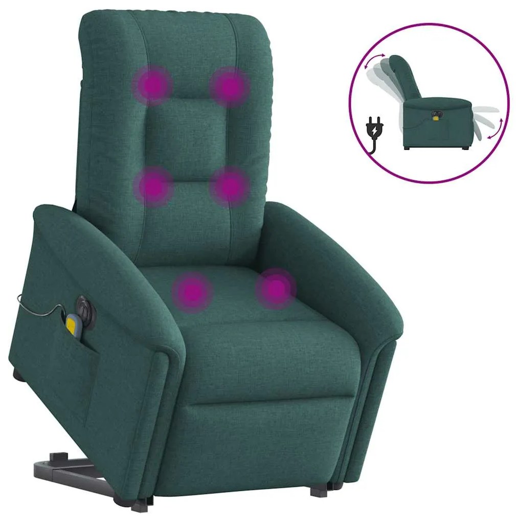 vidaXL Poltrona elétrica elevatória massagens tecido verde-escuro
