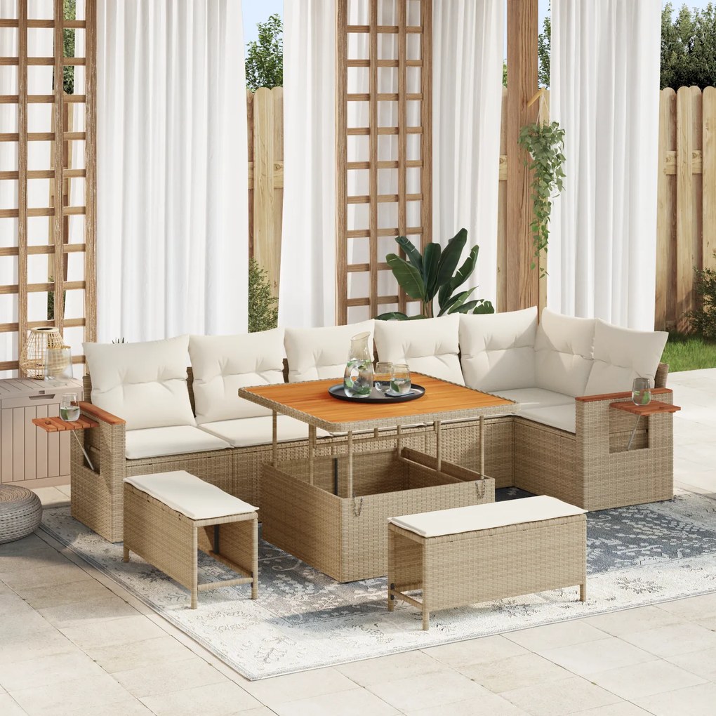 Conjunto de Sofá de Jardim com Almofadas VidaXL 9 Peças Bege de Vime e Acácia