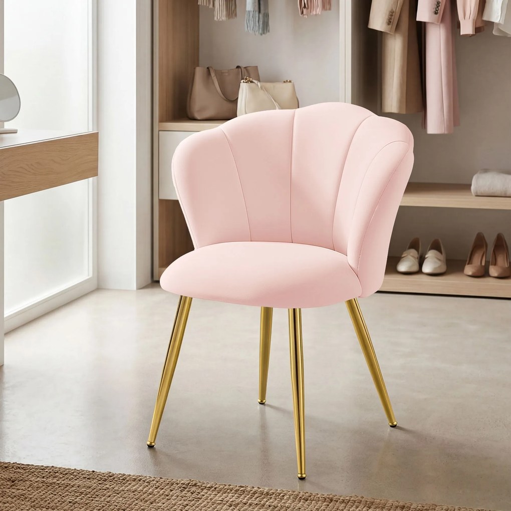Cadeira de sala de jantar, banco toucador e poltrona em veludo com encosto em forma de pétala Rosa