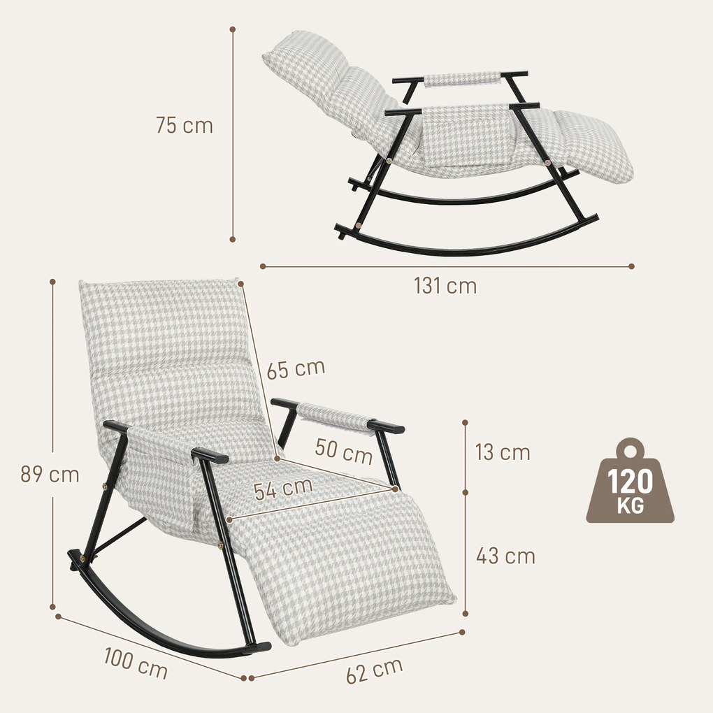 Poltrona Baloiço com Encosto e Apoia-Pés Ajustáveis 105° Estofada em Linho com Bolso Lateral Cinzento e Branco
