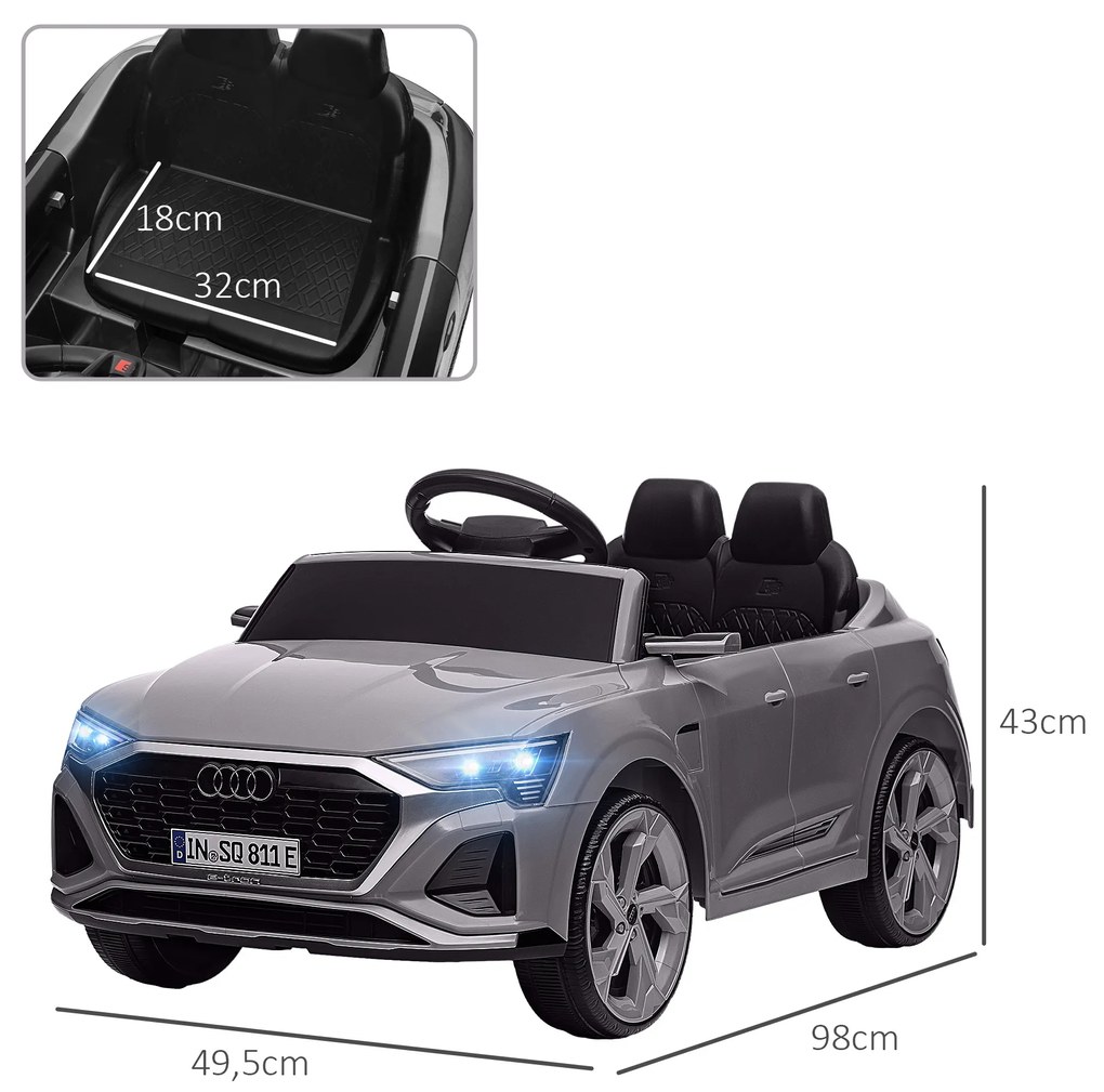 Carro Elétrico para Crianças Carro Audi Q8 Etron Sportback Infantil 12V Faróis Buzina e Música 98x49,5x43 cm Cinza