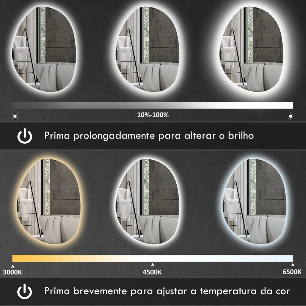 Espelho de Casa de Banho LED 3 Cores de Luz Brilho Regulável Função Anti Embaciamento Função Memória IP44 80x60 cm Prata