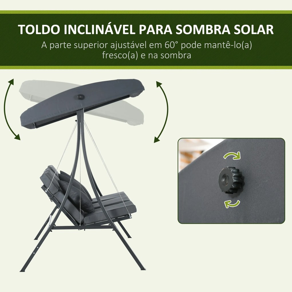 Baloiço de Jardim Exterior de 3 Lugares com Toldo Ajustável e Estrutura de Aço 202x115x168 cm Cinzento Escuro