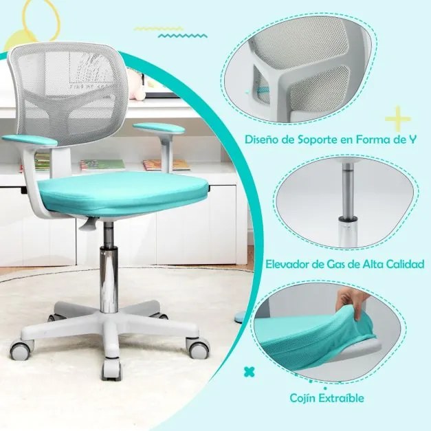 Cadeira de secretária ergonómica para crianças com rodas Cadeira giratória para computador Apoio lombar ajustável em altura Turquesa