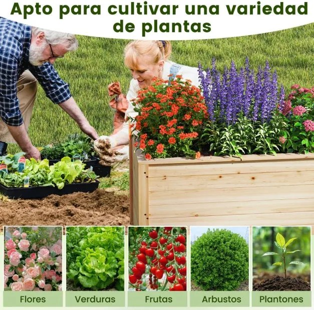 Floreira de madeira elevada com base aberta para plantas de raiz profunda Frutos Flores 100 x 64 x 65,5 cm Natural