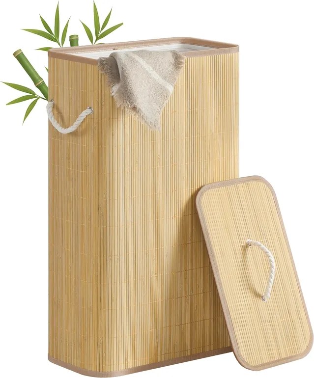 Cesto para roupa suja 60 L, 40 x 22 x 70 cm em bambu com tampa e saco removível natural