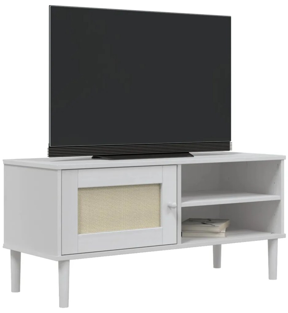 Móvel de TV SENJA aspeto vime 106x40x49 cm pinho maciço branco