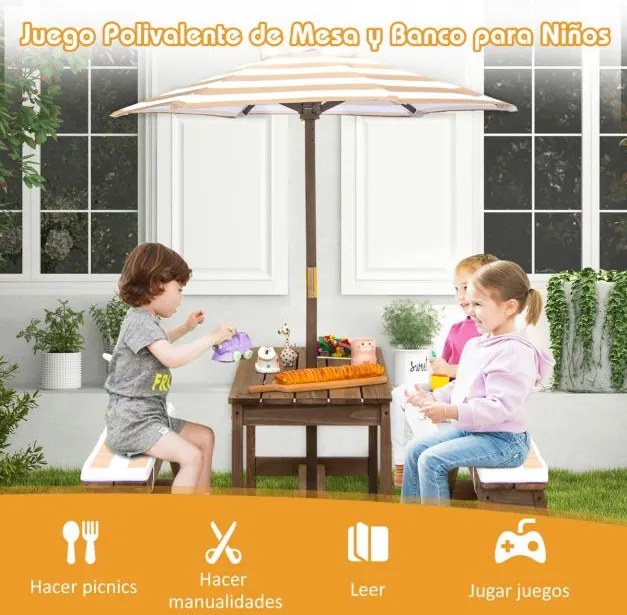 Mesa de piquenique jardim para crianças com guarda-sol com almofadas Castanho