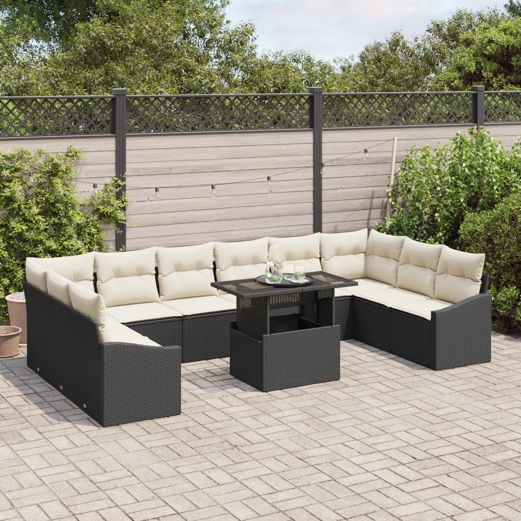 Conjunto de Sofá de Jardim de 11 Peças com Almofadas Preto em Rattan P
