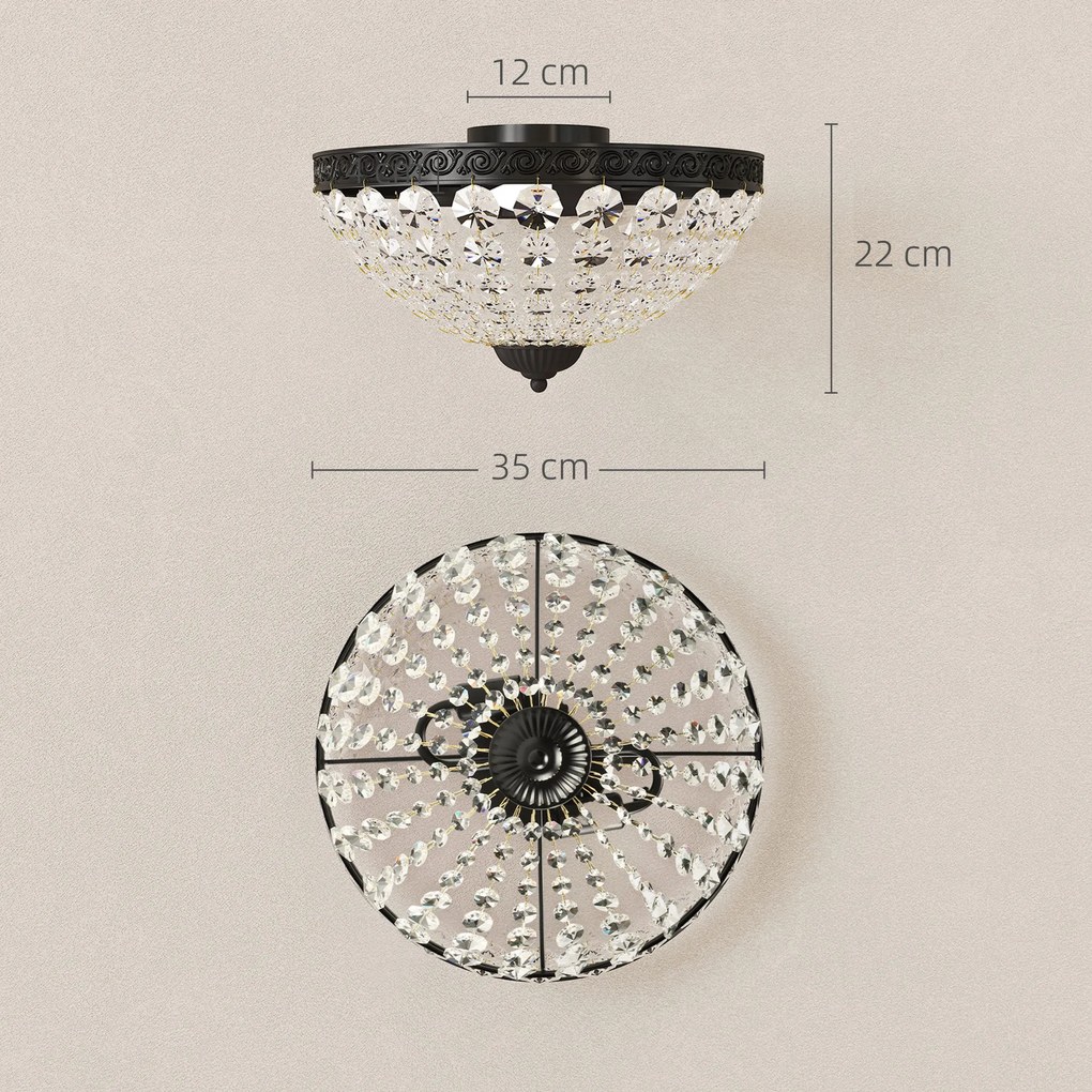 Candeeiro de Teto de Cristal Clássico com 2 Suportes E14 40W Candeeiro de Teto Vintage com 168 Contas de Cristal Ø35x22 cm Preto