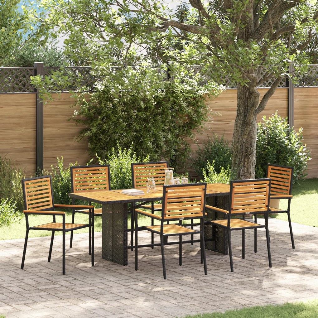 Conjunto de Jantar de 7 Peças vidaXL Preto Polyrattan Acácia