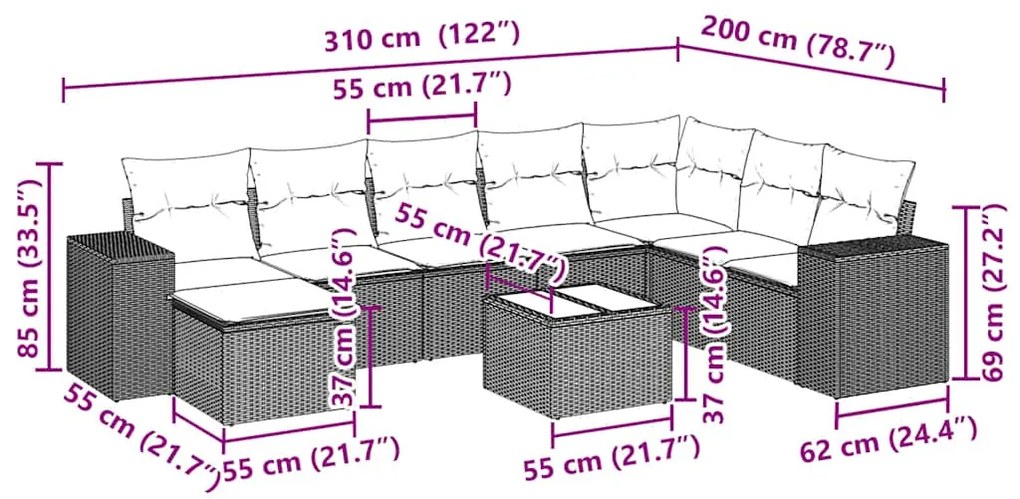 9 pcs conj. sofás jardim com almofadões vime PE cinzento-claro