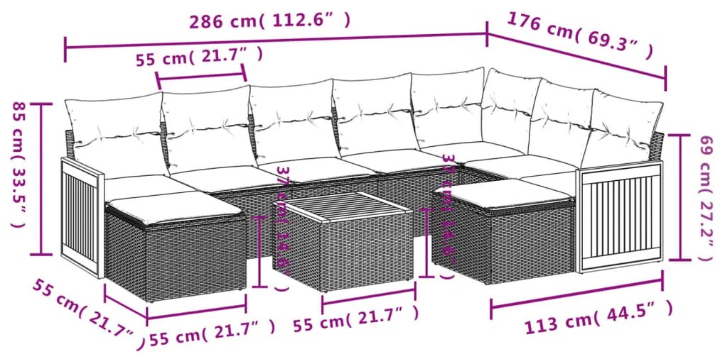10 pcs conjunto de sofás p/ jardim com almofadões vime PE bege