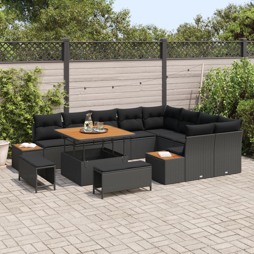 Conjunto de Sofás de Jardim vidaXL com Almofadas 12 Peças Preto Vime S