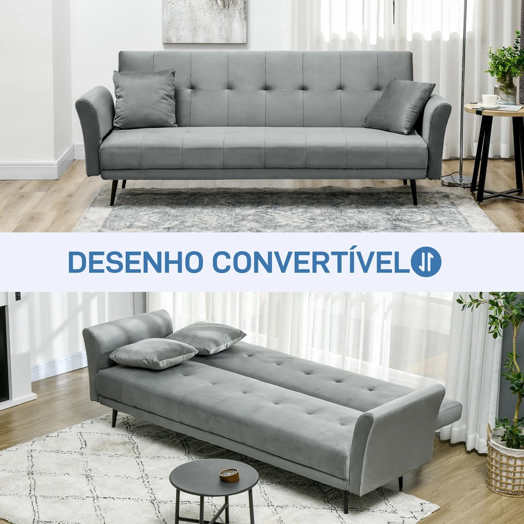 Sofá Cama Convertível Sofá Cama de 3 Lugares com Encosto Ajustável de 3 Níveis e 2 Almofadas Acolchoadas 206x81x83 cm Cinza