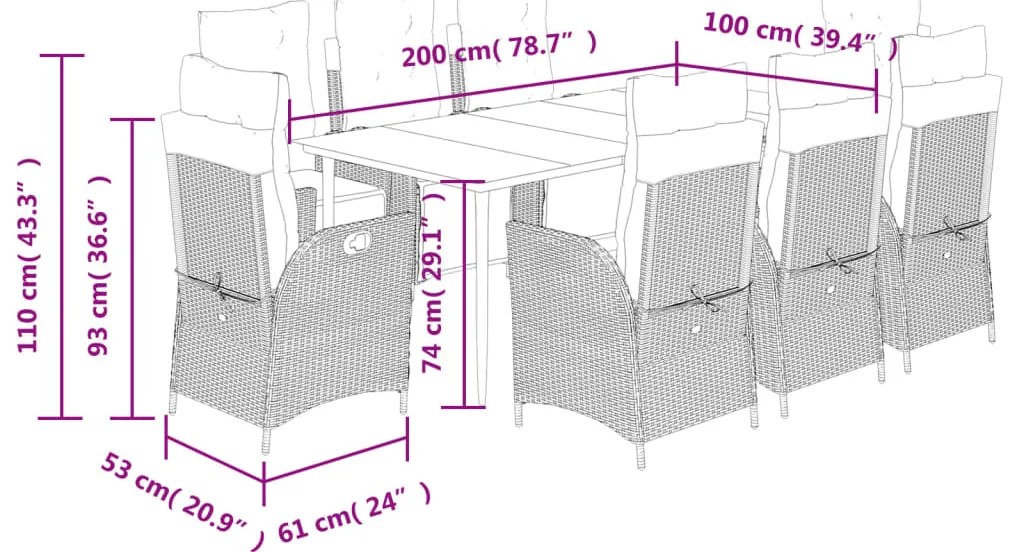 9 pcs conjunto de jantar p/ jardim c/ almofadões vime PE preto