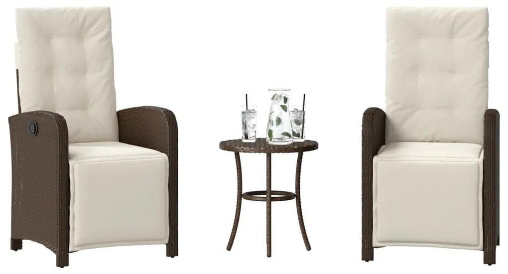 vidaXL 3 pcs conjunto bistrô com almofadões vime PE castanho