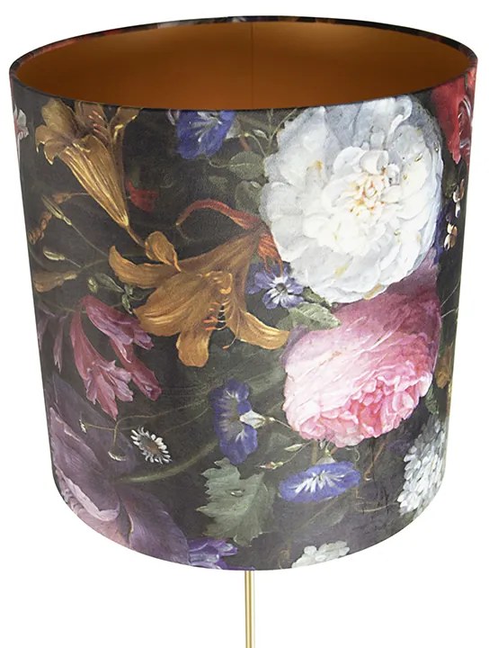 Candeeiro de pé dourado/latão com abat-jour em veludo com flores 40/40 cm - Parte Clássico / Antigo