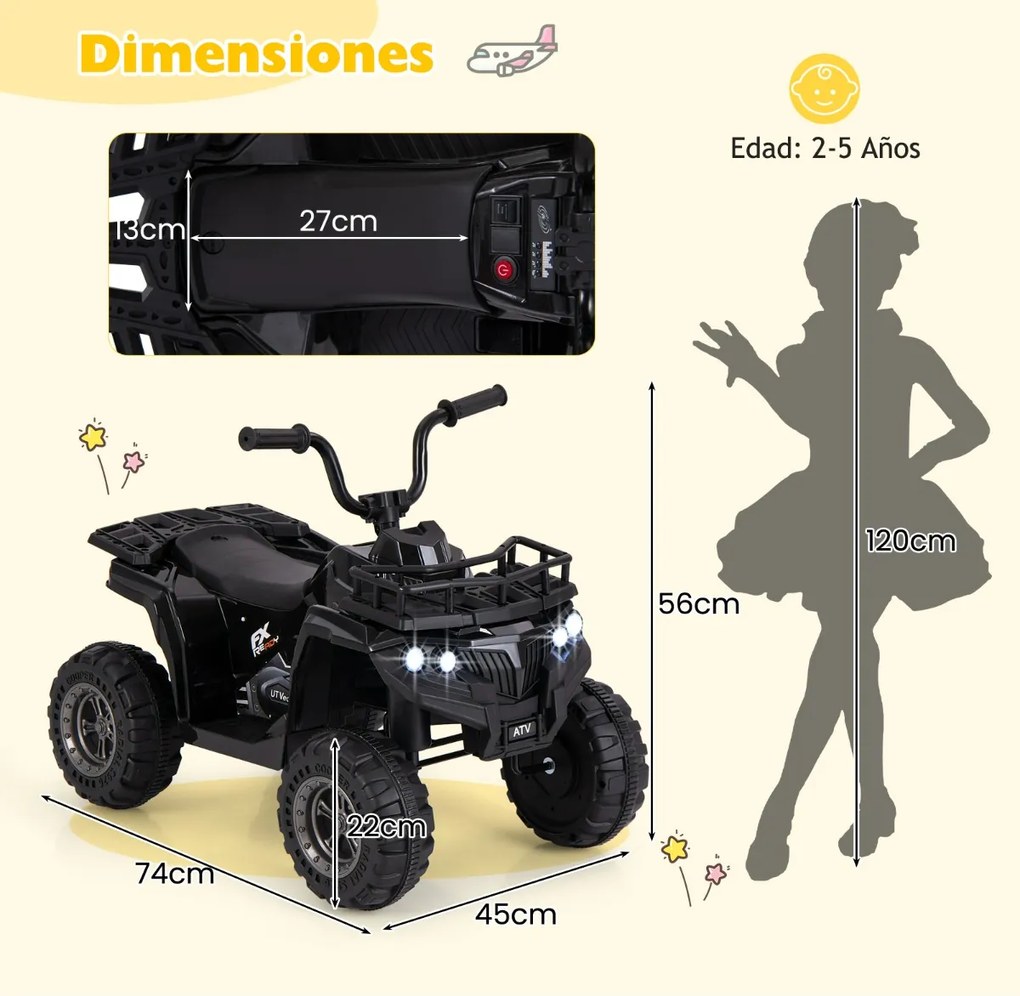 Moto 4 eletrica para crianças 6V de 4 rodas com botão de arranque Pneus Faróis LED Preto