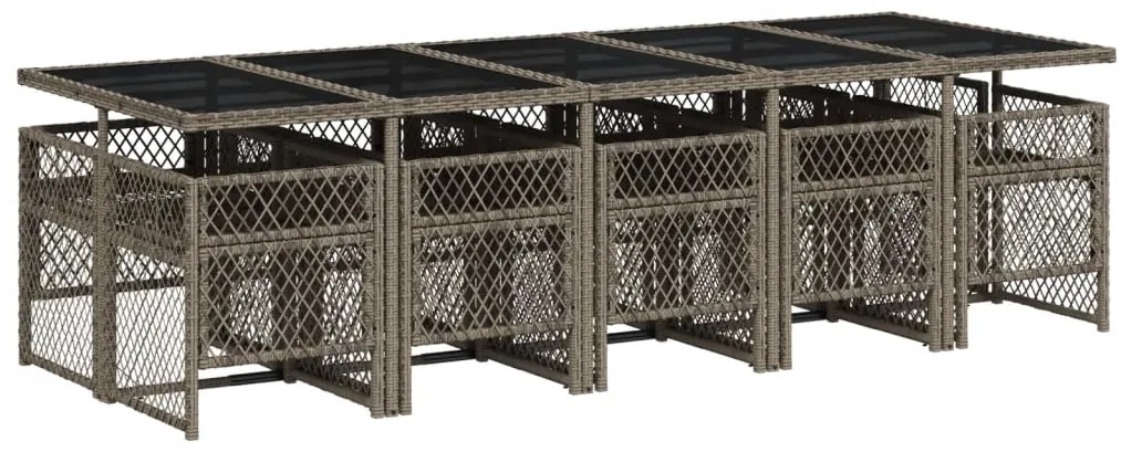 11 pcs conjunto jantar p/ jardim c/ almofadões vime PE cinzento