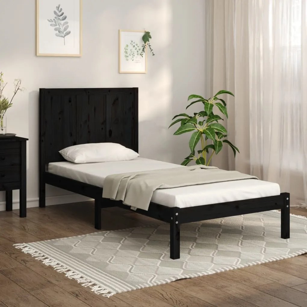 vidaXL Estrutura de cama pequena solteiro 75x190 cm pinho maciço preto