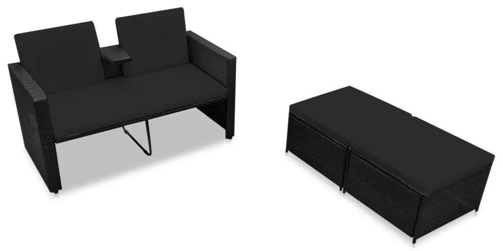 3 pcs conjunto lounge para jardim c/ almofadões vime PE preto