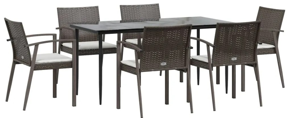 7 pcs conjunto de jantar p/ jardim c/ almofadões vime PE e aço