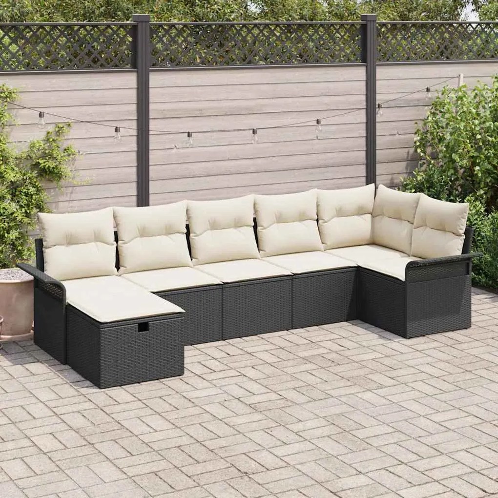 vidaXL Conjunto de Sofá de Jardim Manual 7 pcs Preto e Creme vime PE