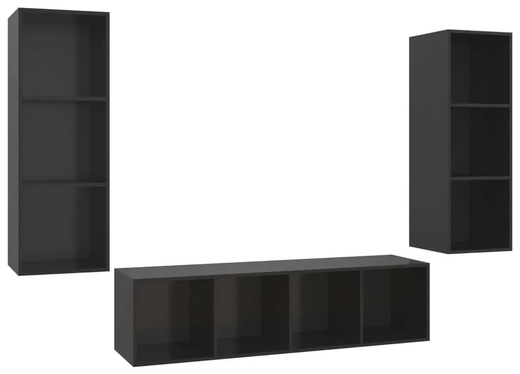 3 pcs conjunto de móveis de TV contraplacado preto brilhante