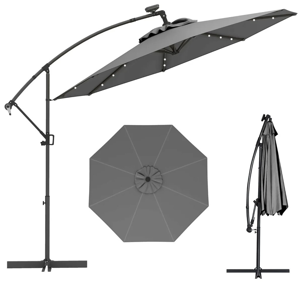 Guarda-sol exterior de 3 m com rotação de 360° e 32 luzes LED Ajuste fácil da inclinação Manivela Cinzento