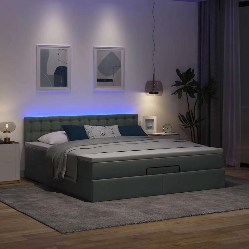 Estrutura de cama otomana com colchão tecido cinzento escuro