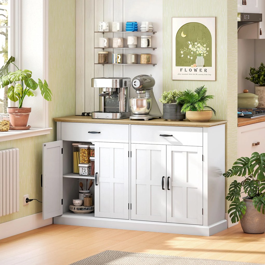 Aparador, móvel cozinha 140 x 40 x 91,5 cm com porta USB e tomada múltipla, com 2 armários com portas de estilo rústico, 2 gavetas e prateleiras ajust