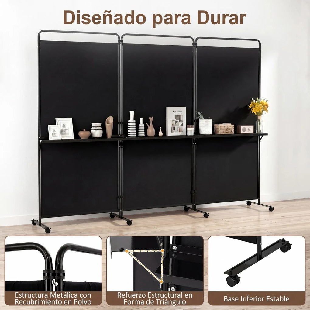 Biombo Dobrável de 3 Painéis, 259 x 44 x 188 cm, Com Rodas Bloqueáveis, Preto