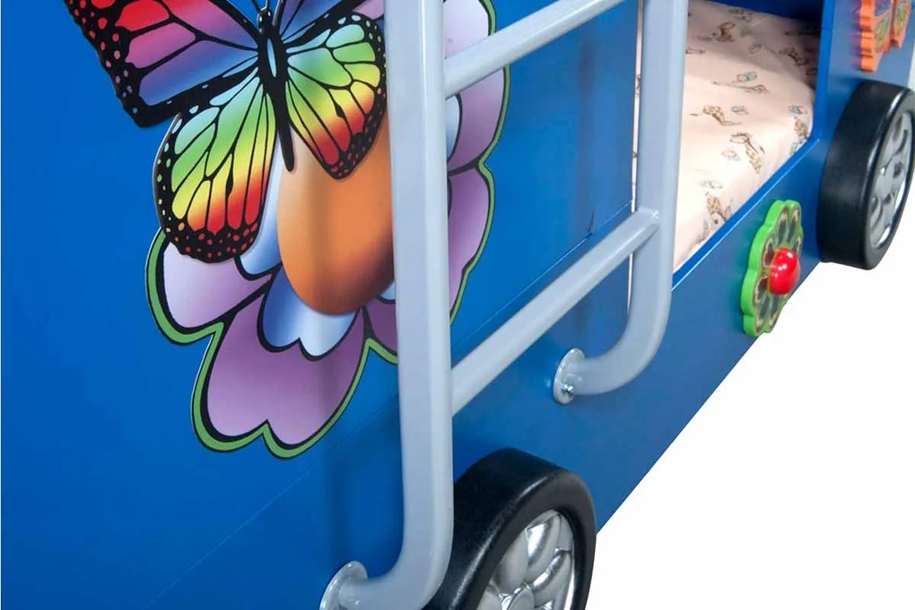 Cama para criança Beliche Autocarro 207 x 116 x 150 cm com Luzes LED 2 colchões e estrados incluídos, capacidade de 100 kg Azul