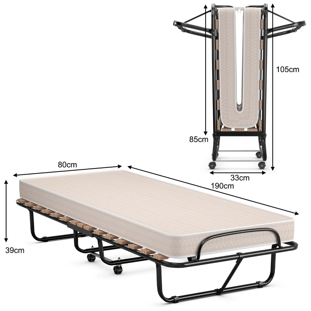 Cama dobrável de solteiro com colchão de espuma viscoelástica Estrutura metálica Cama de hóspedes portátil para campismo Escritório 80 x 190 x 39 cm B