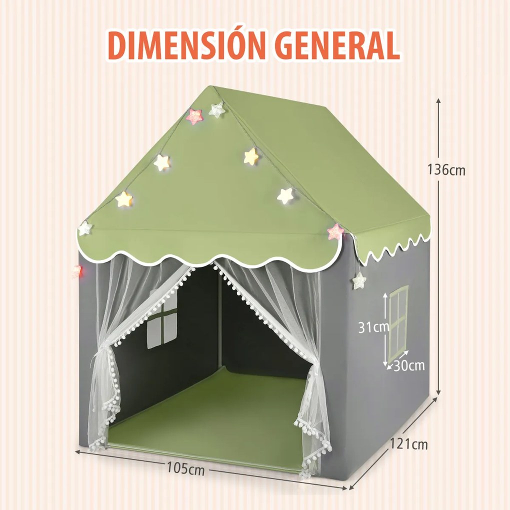 Tenda infantil com tapete lavável Tenda Castelo de Fadas Casa Tenda com Luzes Janelas 105 x 121 x 136 cm Verde