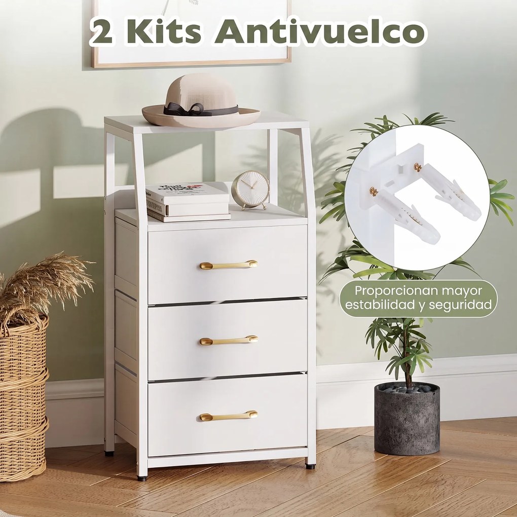 Cómoda de 3 Gavetas, 40,5 x 29 x 77 cm, Estrutura Metálica, Branco