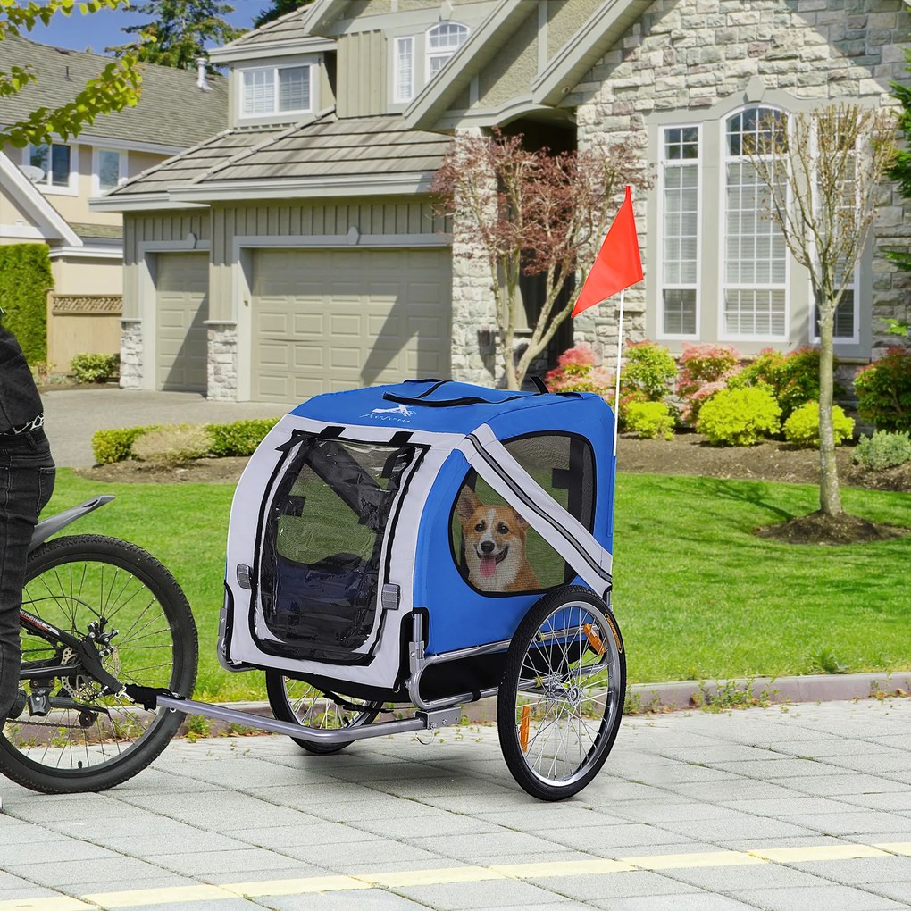 Reboque de bicicleta para cães e animais de estimação, com 8 refletores, bandeira e barra de engate incluídas, 130 x 73 x 90 cm, azul