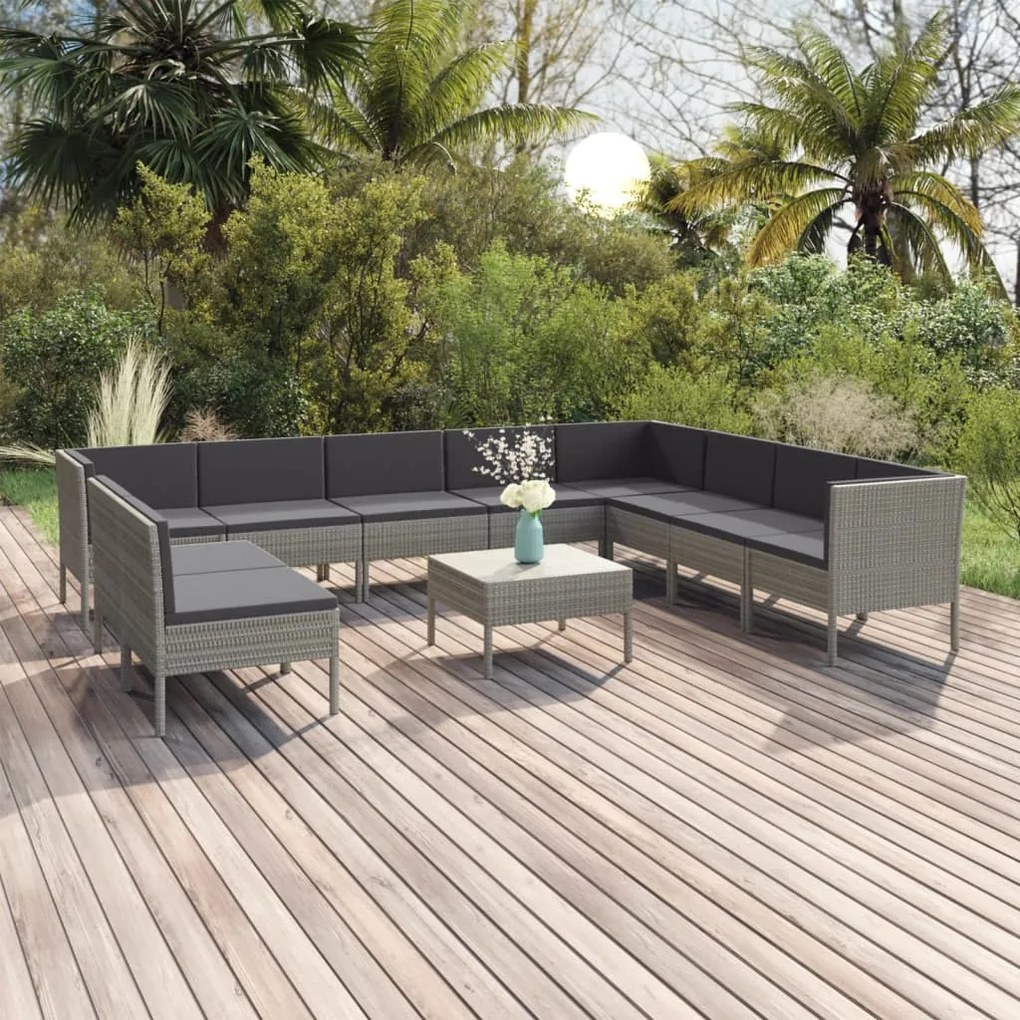 11 pcs conjunto lounge de jardim c/ almofadões vime PE cinzento